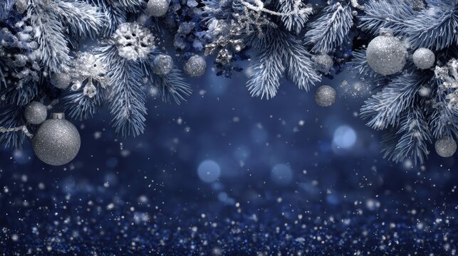 Elegant winter holiday background with snow dusted pine branches silver ornaments navy bokeh falling snowflakes for greeting cards packaging social media banners and seasonal promotions

 - Powered by Adobe