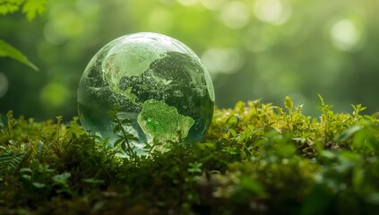 Crystal glass globe resting on green moss in a forest with sunlight, Sustainable environment and ecology concept