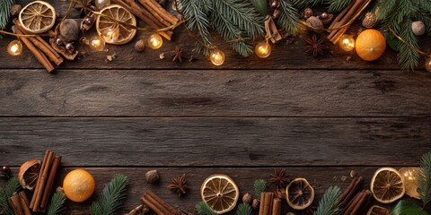 Christmas flat lay banner on rustic dark wood with pine cinnamon orange slices and string lights, warm holiday theme for social media ads packaging invitations and seasonal branding

