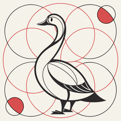 Obraz premium Elegant stylized goose or swan illustration with clean lines, set against a decorative background of overlapping geometric circles with red accents