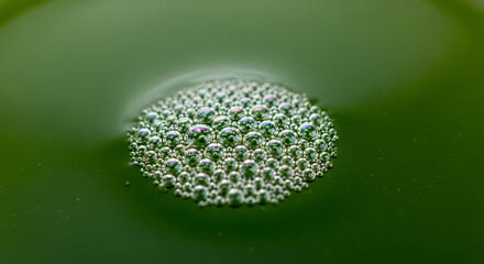 Close-up of a cluster of iridescent bubbles floating on the surface of a dark green liquid, A mesmerizing view of clustered soap bubbles in a green solution, creating a captivating texture