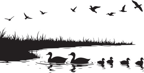Black silhouette ducks swimming and birds flying over water and grass