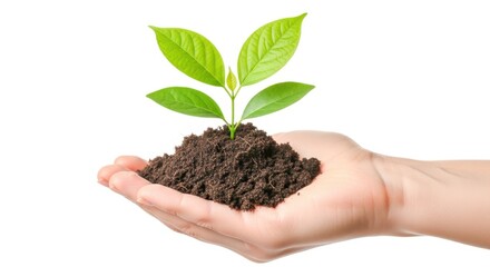 Naklejka premium A hand gently holding a small green plant growing from dark soil isolated on white background
