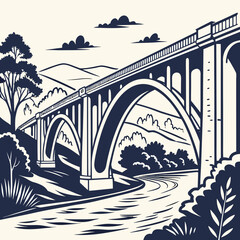 A classic black and white illustration depicting a grand arched bridge spanning a winding river, surrounded by lush trees and rolling mountains under a cloudy sky