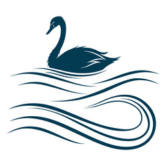 A graceful dark blue swan glides serenely on the water, its elegant form and flowing lines creating a tranquil and artistic silhouette, isolated on