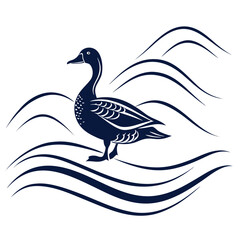 Stylized dark blue duck swimming in water with decorative waves, creating an elegant and simple design, isolated on