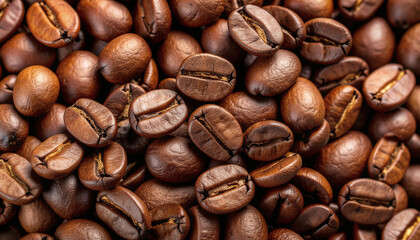 Fototapeta premium A rich, detailed, and textured close-up macro shot filling the frame with medium-dark roasted coffee beans. Ideal for a cozy, warm, and aromatic background.