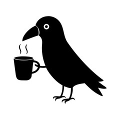 Black Raven Holding a Coffee Cup with Steam, Minimalist Icon