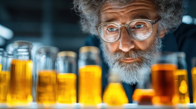 A focused scientist observes various glass containers filled with amber liquids, showcasing curiosity and research in a laboratory setting.