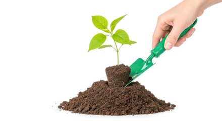 A human hand uses a small green garden trowel to carefully place a young green plant into a mound of rich dark soil isolated on white background