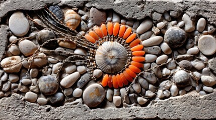 A detailed mosaic crafted from various small pebbles, seashells, and orange elements, set within a textured, rough stone frame. The composition is symmetrical a