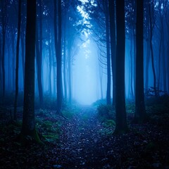 A forest path winds into a mysterious, misty clearing. Tall trees flank the trail, enveloped in blue-toned fog