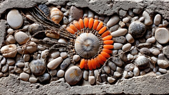 A detailed mosaic crafted from various small pebbles, seashells, and orange elements, set within a textured, rough stone frame. The composition is symmetrical a