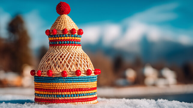 Colorful handcrafted Kashmiri Kangri placed on fresh snow symbolizing warmth during the harsh Chillai Kalan winter
