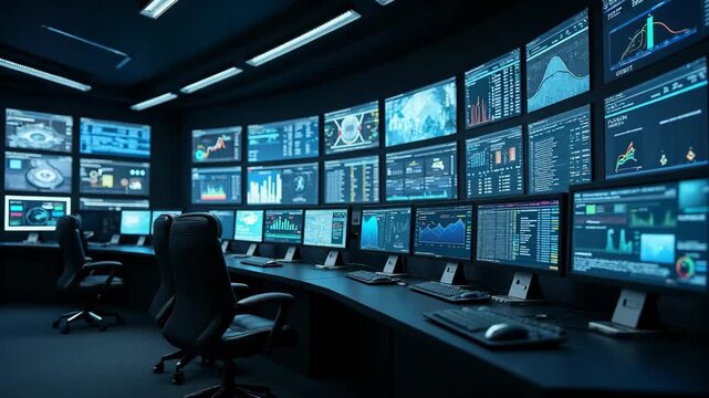 Spacious security control room equipped with multiple computer monitors displaying data analysis, surveillance footage, and digital dashboards in a dark, high-tech environment.