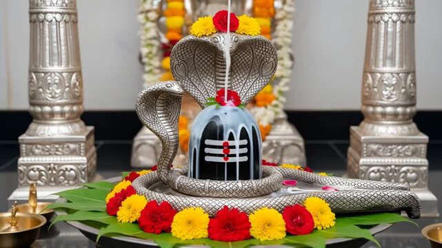 Mahakaleshwar Shivling Milk Abhishek with Bilva and Silver Snake &ndash; Ujjain Jyotirlinga 4K Image