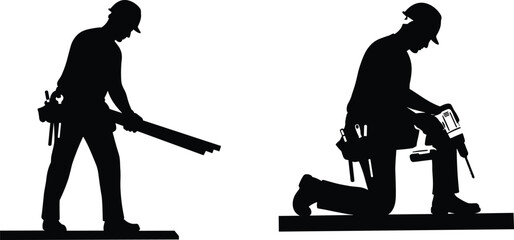 Silhouette construction workers with tool belts using drill and holding wooden beam, professional builders working safely in building site carpentry and construction environment