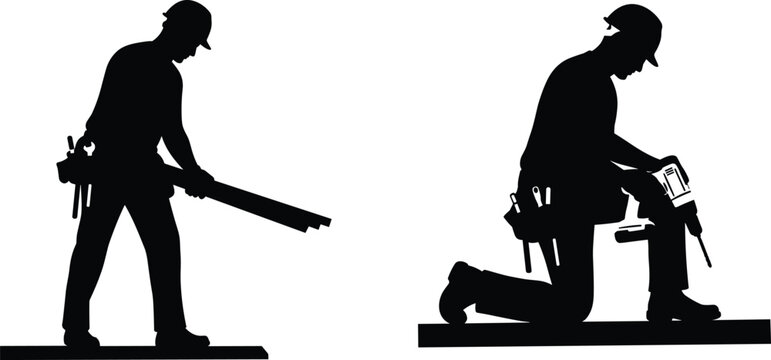 Silhouette construction workers with tool belts using drill and holding wooden beam, professional builders working safely in building site carpentry and construction environment