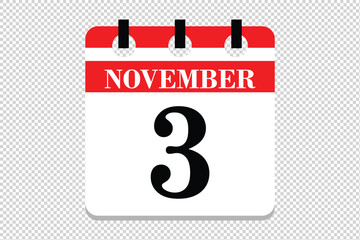 3 November Calendar icon vector, 3 dates of November month calendar icon, dates of November 3 icon calendar, vector calendar icon.