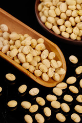Fresh Soy Beans in Wooden Spoon and Bowl - Healthy Protein Legumes for Cooking