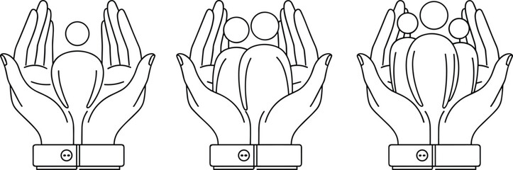 Silhouette hands holding abstract human figures, symbol of care, protection, family support, community, teamwork, healthcare, and social responsibility concept illustration