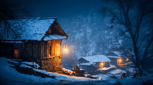 Rustic snow-covered cottages glowing warmly under the deep blue Chillai Kalan winter night sky