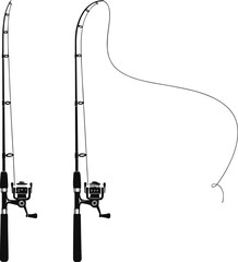 Silhouette illustration of fishing rods with reels, straight and bent under tension, casting line, angling equipment, outdoor sport, recreational fishing vector design
