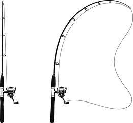 Silhouette illustration of fishing rods with reels, straight and bent under tension, casting line, angling equipment, outdoor sport, recreational fishing vector design