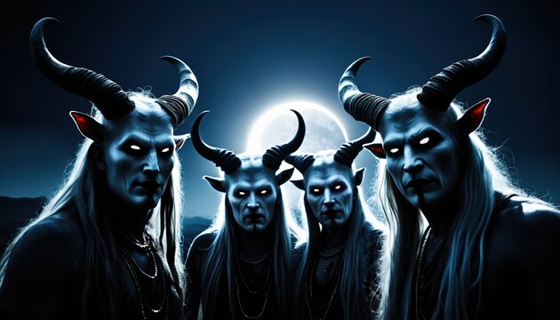 Terrifying horned demons gather under the moonlight in a spooky forest, creating a chilling atmosphere - Powered by Adobe
