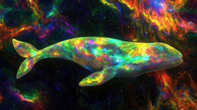 A majestic whale, its body iridescent with rainbow colors, glides through a vibrant and swirling nebula in the vastness of outer space. Stars are visible in the