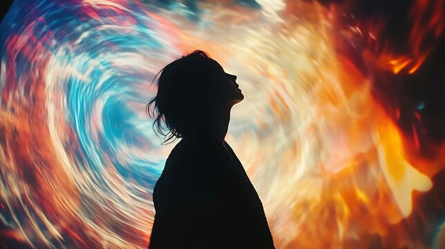 Silhouette of a contemplative woman against a vibrant, swirling abstract background of colorful light, evoking themes of introspection, spirituality, and cosmic connection