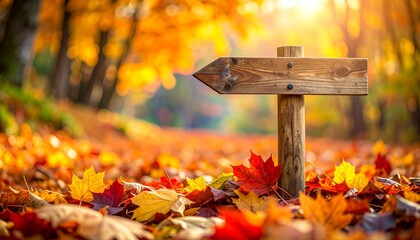 Rustic Wooden Signpost with Directions Standing Among Colorful Autumn Leaves in a Scenic Close-Up Forest Landscape
