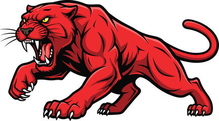 Aggressive red panther mascot illustration, fierce roaring big cat vector, powerful wild animal logo design, sports team emblem artwork