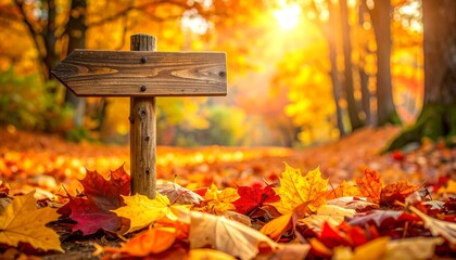 Close-Up View of Colorful Autumn Leaves on the Ground Highlighting a Rustic Wooden Signpost Pointing Directions in the Woods

