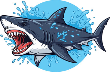 Aggressive shark illustration, fierce ocean predator artwork, dynamic water splash design, dangerous marine animal graphic, powerful sea creature drawing