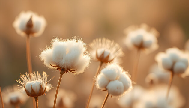 Fine art macro of cotton grass seed heads in soft morning light, dreamy pastel tones, peaceful botanical mood - Powered by Adobe