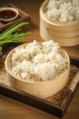 Handmade Hohhot Mutton Siu Mai Dumplings in Bamboo Steamers - Traditional Chinese Dim Sum