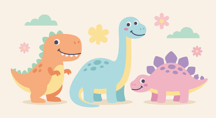 Dinosaur Friends Group Flat vector group of three cute dinosaurs (T-rex, stegosaurus, brontosaurus), soft pastel palette, simple shapes, happy expressions, kids clipart style. © WealthyMinion
