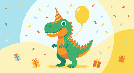 Dinosaur with Birthday Hat
Flat vector dinosaur wearing a party hat, holding a balloon, fun bright colors, perfect for kids' birthday graphics, simple and playful.