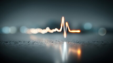 A glowing heartbeat waveform on a reflective surface, set against a blurred background, evoking a sense of life and energy.