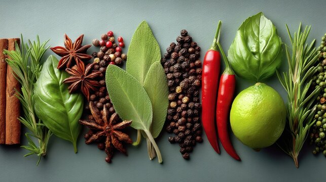 A vibrant arrangement of fresh herbs, spices, and a lime, showcasing a colorful selection of ingredients ideal for cooking and enhancing flavors. - Powered by Adobe