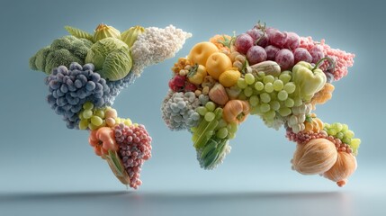 A colorful arrangement of fruits and vegetables shaped like continents, symbolizing global abundance and diversity in food.