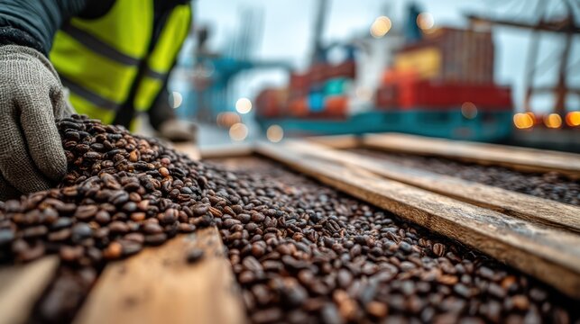 A worker inspects a large quantity of coffee beans at a shipping port, highlighting the coffee trade and its logistical processes.