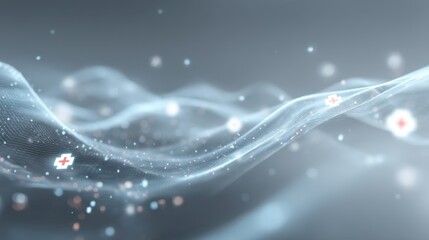 Abstract digital waves with health symbols, representing technology's integration in healthcare and data connectivity.