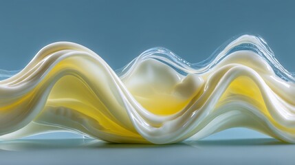 A fluid, abstract composition of waves in soft white and yellow hues, creating a serene and artistic visual effect against a muted blue background.