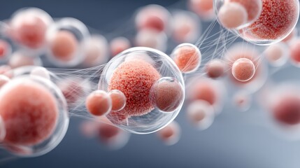 A close-up view of stylized cellular structures, showcasing various sizes and interconnectedness, highlighting biological elements in a digital representation.