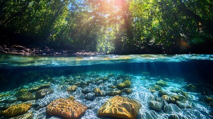 Stunning split-level photo of a vibrant tropical river. Sunlight illuminates both the lush forest and the crystal clear underwater world, ideal for nature and travel content