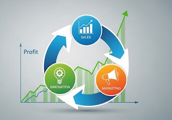 Circular diagram of sales, marketing, and innovation leading to profit growth.
