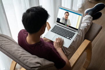 Doctor video call online by modish telemedicine software application for virtual meeting with patient