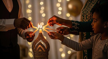 Family holds bright candles, family feels unity, family honors Kwanzaa
